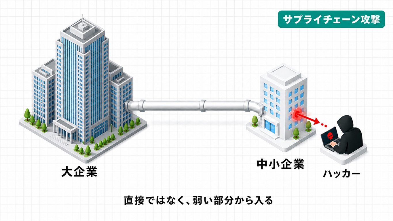 攻撃者が中小企業を踏み台にして大企業へ侵入するサプライチェーン攻撃の経路図