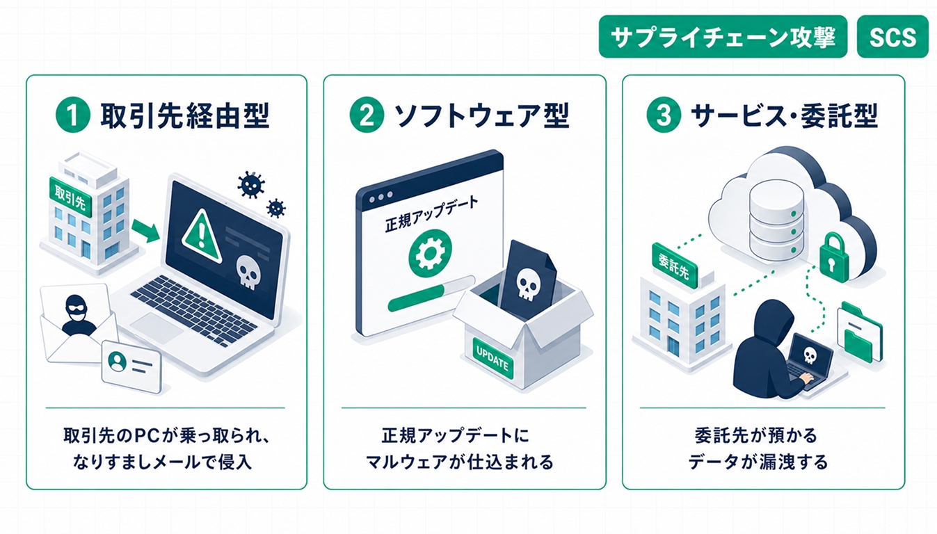 サプライチェーン攻撃の3類型（取引先経由型・ソフトウェア型・サービス委託型）を整理した図