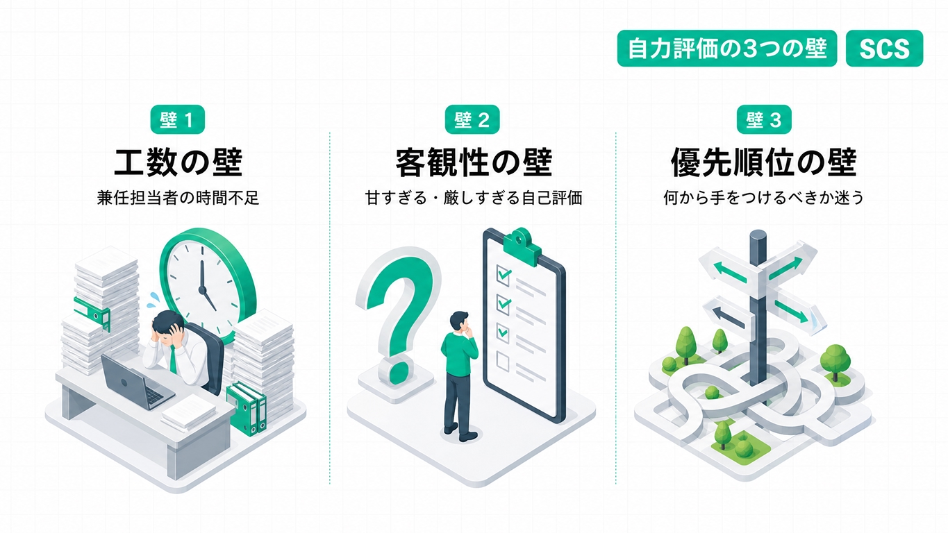 自力評価でぶつかりやすい3つの壁（工数・客観性・優先順位）のイメージ図
