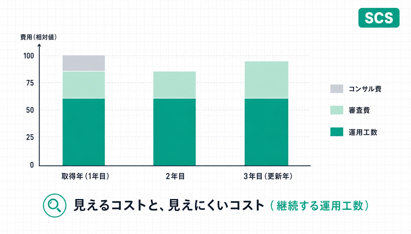 ISMS認証の費用構造（コンサル費・審査費・継続する運用工数）を時間軸で示した図