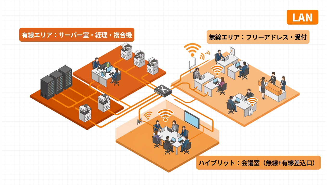 オフィスフロアをエリア別に有線・無線・ハイブリッドで色分けした使い分けマップ