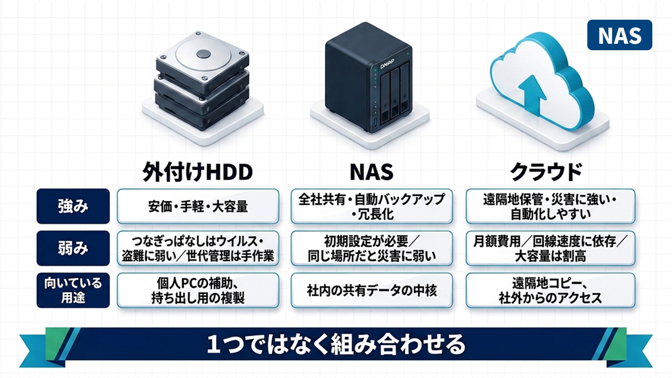 外付けHDD・NAS・クラウドの3つのバックアップ保存先の強み・弱み・用途を比較した図