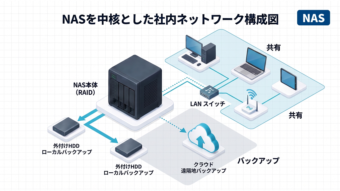 NASを中核に各PCが共有でつながり、さらに外付けHDDとクラウドへバックアップする社内ネットワーク構成図