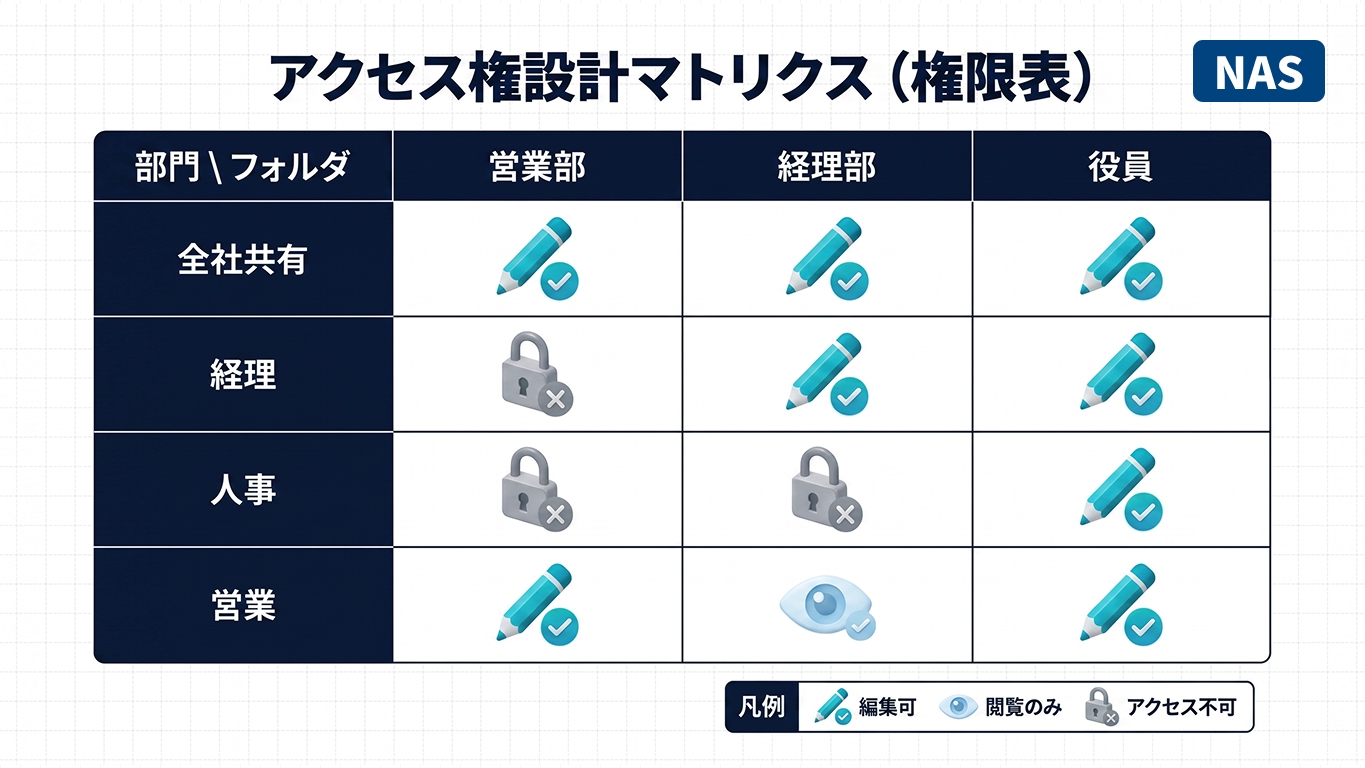 フォルダごと・部門ごとにアクセス権限を整理したNASのアクセス権設計マトリクスの例
