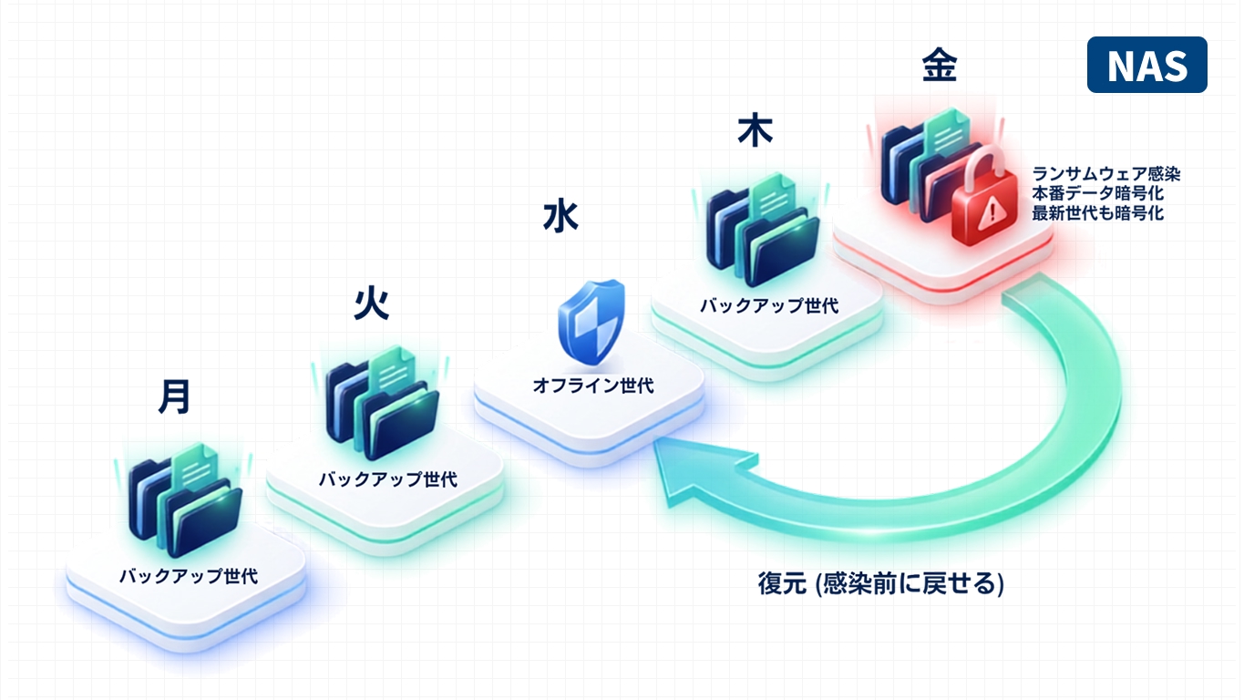 複数世代のバックアップとオフライン保管により、ランサムウェア感染前の状態へ復元する時系列の復旧シナリオ図