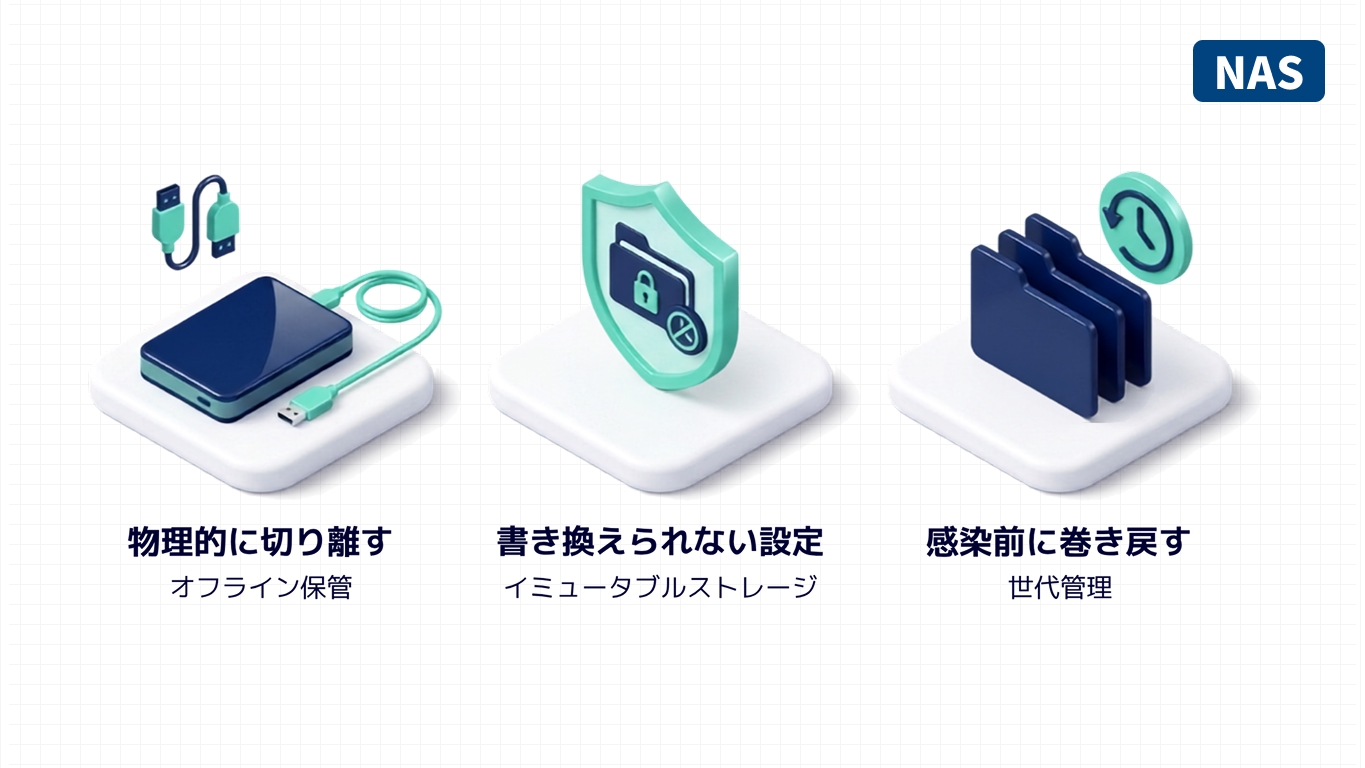 オフライン保管・イミュータブルストレージ・世代管理の3つの守りを示した図