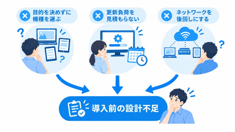 デジタルサイネージ導入が失敗する3つのパターンとその共通点を示す図