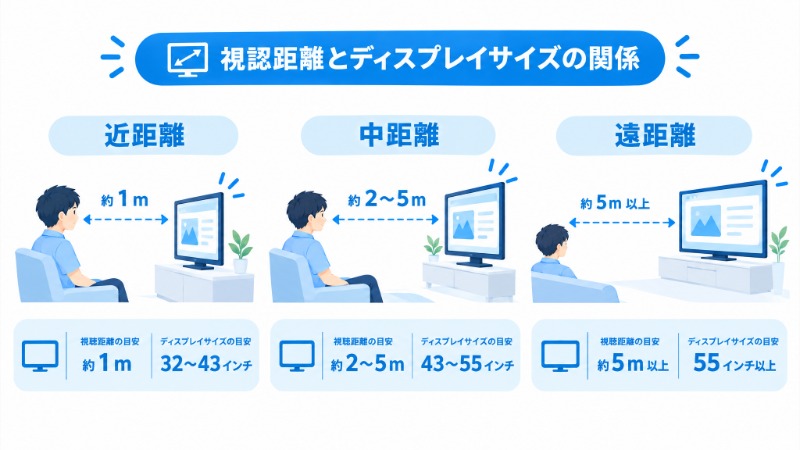 視認距離別に適したデジタルサイネージの画面サイズを示す図