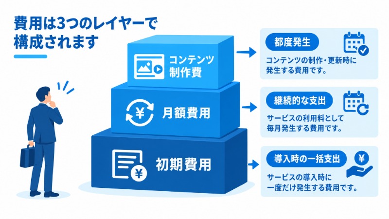 デジタルサイネージの費用を初期費用・月額費用・コンテンツ制作費の3レイヤーに分解した図