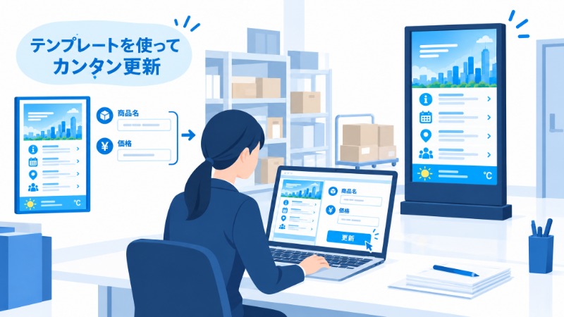 テンプレートを使って社内担当者がサイネージのコンテンツを更新している様子