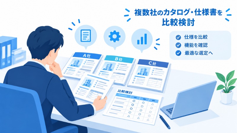 複数社のカタログや仕様書を比較検討している様子