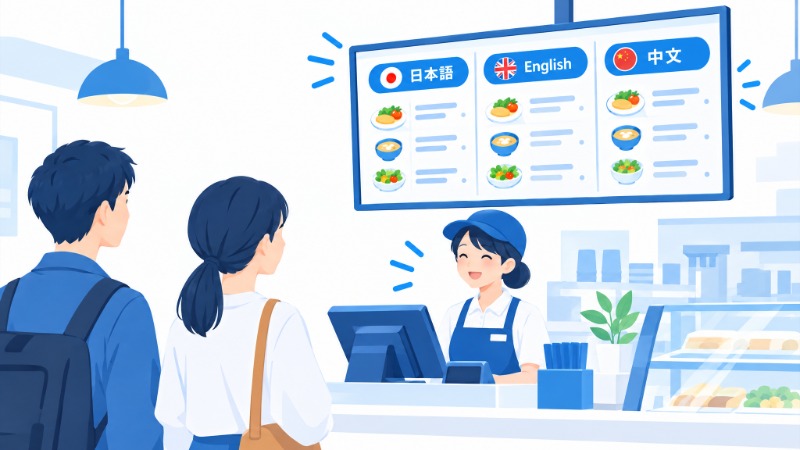 レジ横で多言語メニューを同時表示する飲食店のデジタルサイネージ