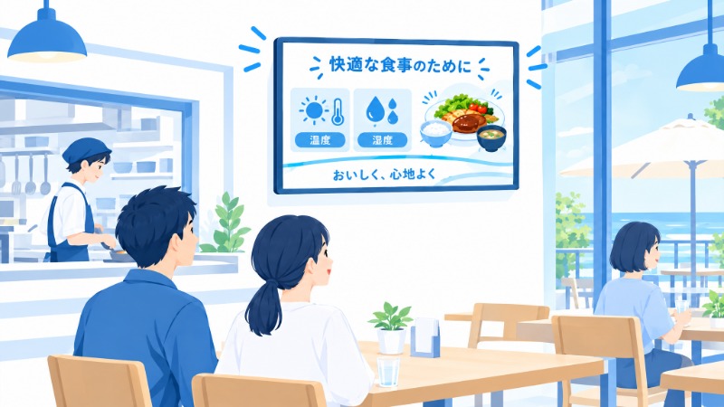 厨房近くに設置された業務用デジタルサイネージディスプレイ