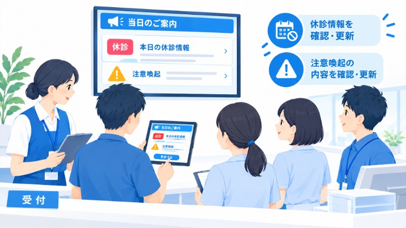 朝礼で当日分の案内内容を更新する病院受付スタッフの様子