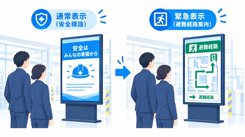 紙の掲示物の3つの課題とデジタルサイネージによる解決策を対比する図
