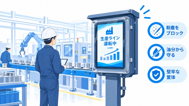 工場内に設置された防塵仕様の業務用デジタルサイネージディスプレイ