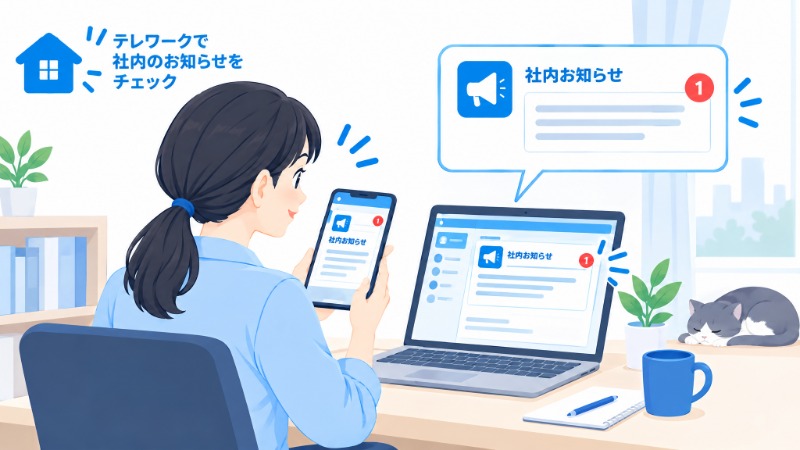 テレワーク中の社員がチャットツールで社内お知らせを確認する様子