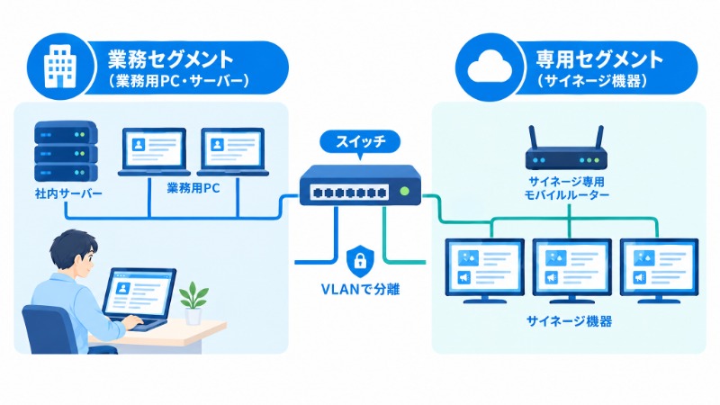 VLANで業務システムとサイネージ機器のネットワークを分離する構成図