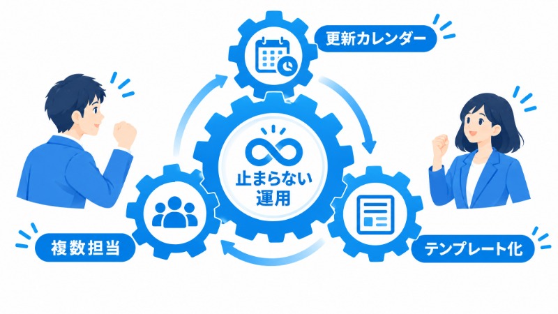 更新カレンダー・複数担当・テンプレート化の3つの仕組みが運用を支える図