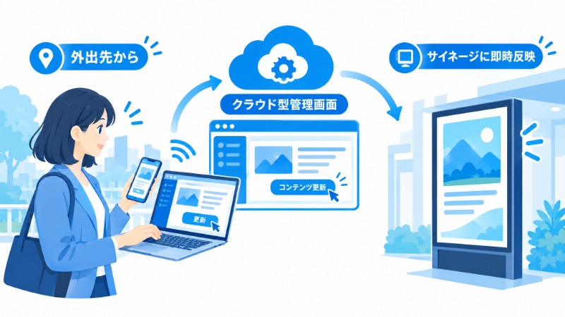 外出先からクラウド型の管理画面でサイネージを更新する様子