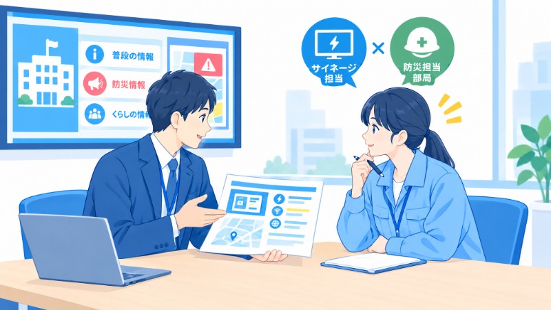 自治体庁舎内でサイネージ担当者と防災担当部局が打ち合わせをする様子