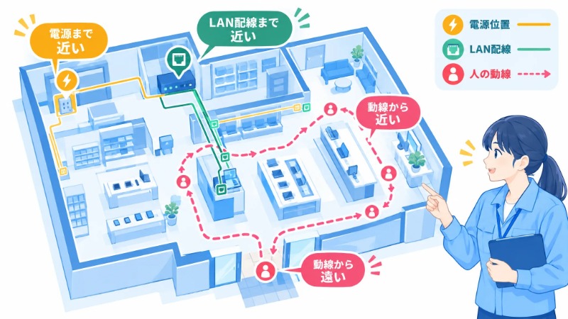 デジタルサイネージ設置場所の現地確認チェックポイントを示す図