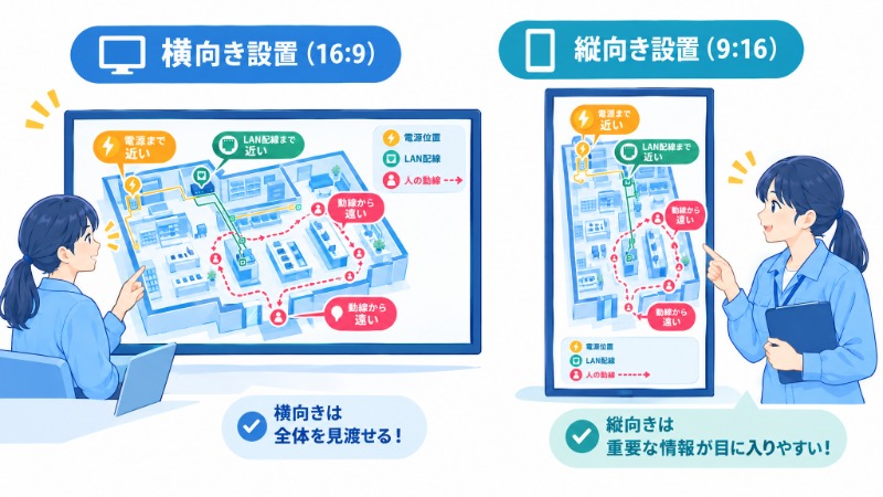 横向き16対9と縦向き9対16のディスプレイレイアウトを比較する図