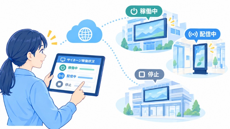 タブレット端末でサイネージの稼働状況を遠隔確認する担当者