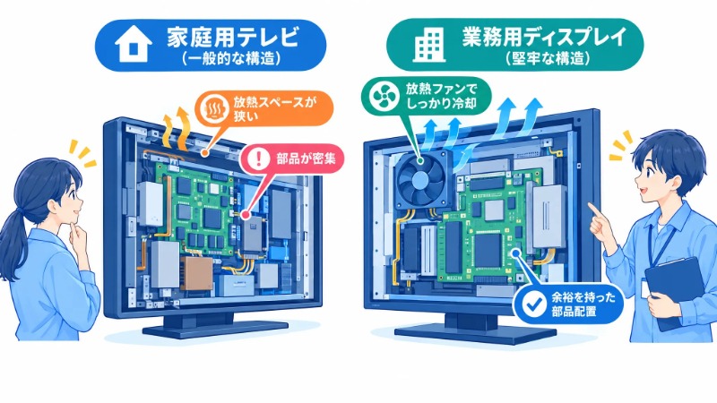 家庭用テレビと業務用ディスプレイの放熱・耐久設計の違いを示す図