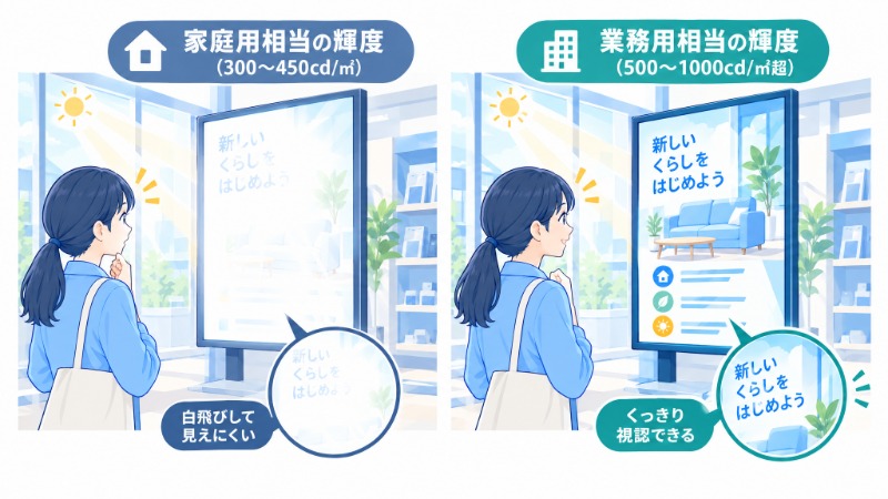 外光が強い環境での家庭用テレビと業務用ディスプレイの見え方の違いを示す図