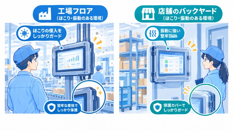 ほこりや振動のある環境に設置された業務用ディスプレイ