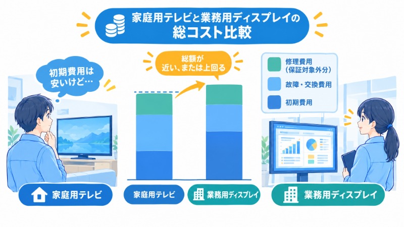 家庭用テレビと業務用ディスプレイの総コストを比較する積み上げ棒グラフ
