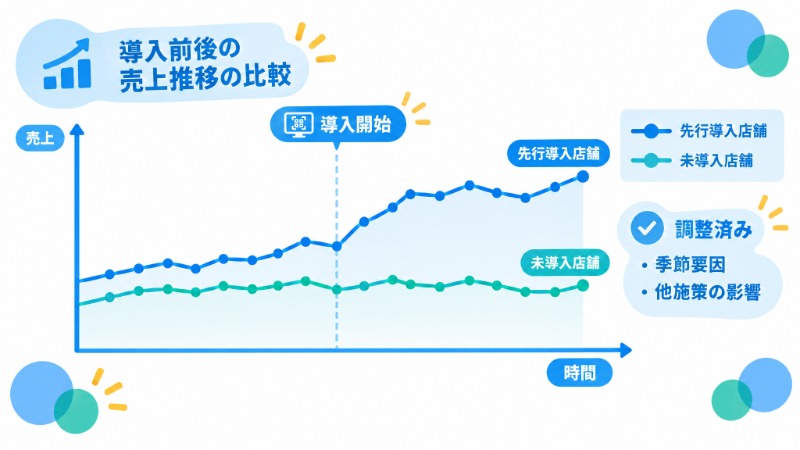 先行導入店舗と未導入店舗の売上推移を比較する折れ線グラフ