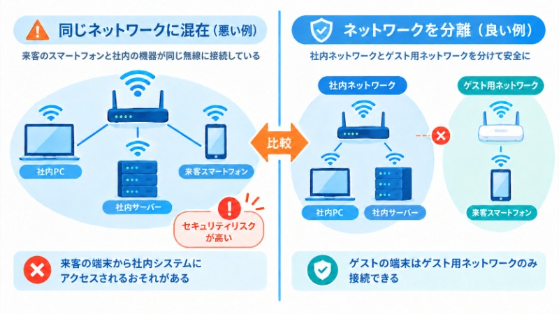 ゲストネットワークが分離されていない構成と分離されている構成を比較する図