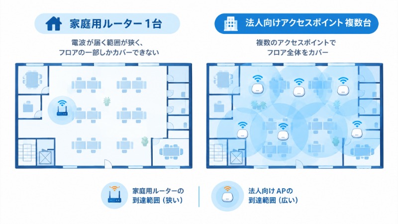家庭用ルーターと法人向けアクセスポイントの電波到達範囲を比較する図