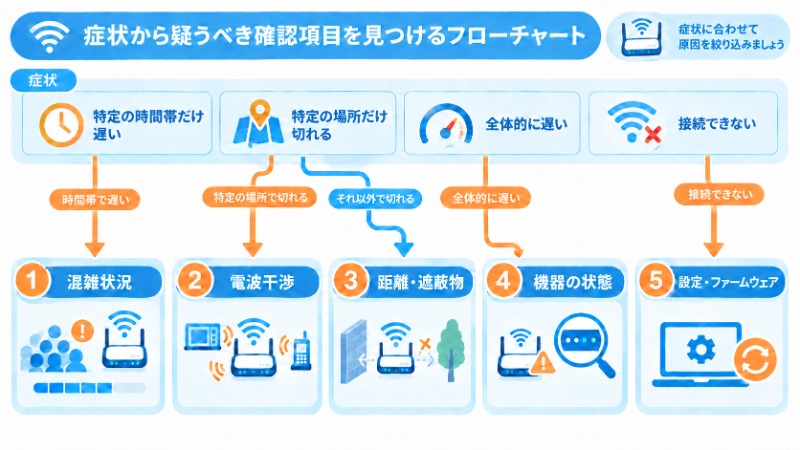 Wi-Fi不調の症状から確認すべき5項目を振り分けるフローチャート