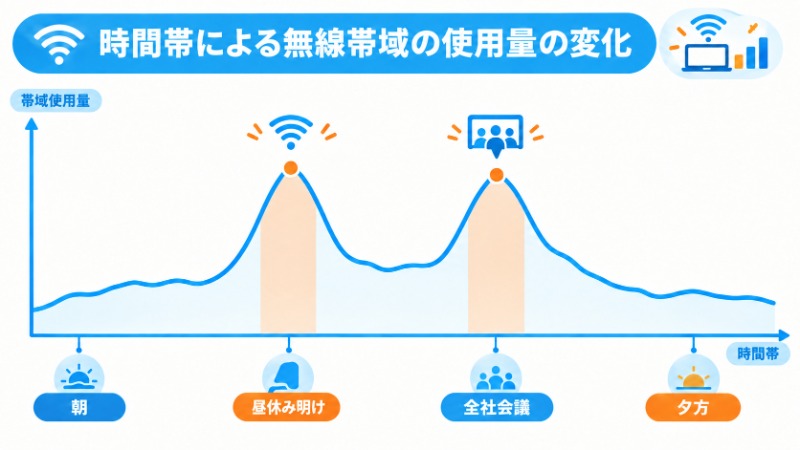 昼休み明けや全社会議の時間帯に帯域使用量が跳ね上がる様子を示すグラフ
