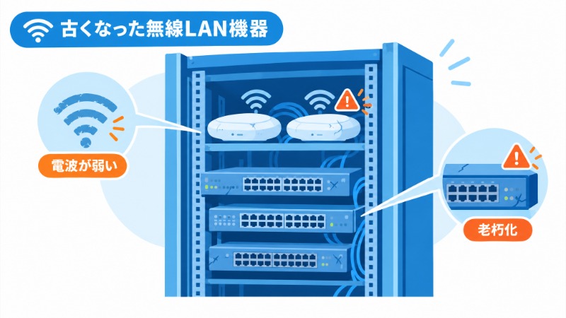 通信機器ラックに設置された老朽化した無線LANアクセスポイント
