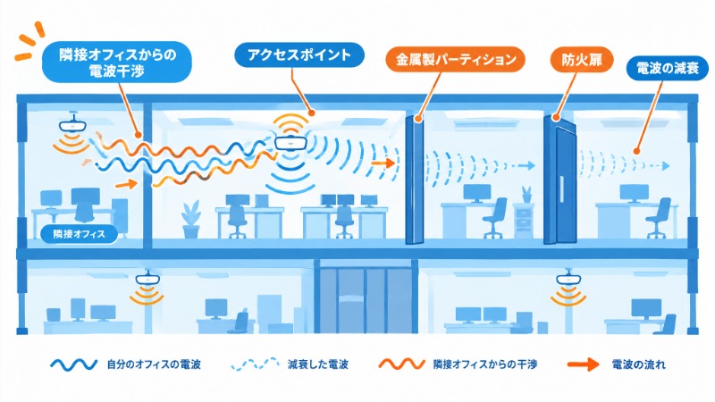 オフィス内の障害物と隣接オフィスによる無線LAN電波干渉を示す図