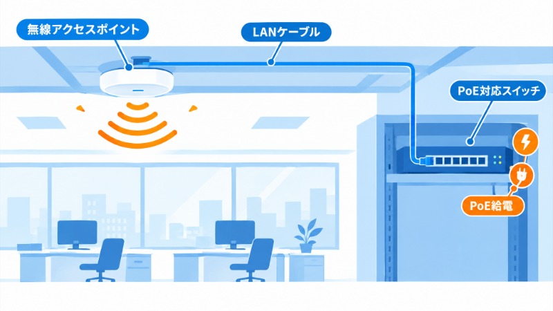 天井に設置された無線アクセスポイントとPoE給電用のLAN配線の様子