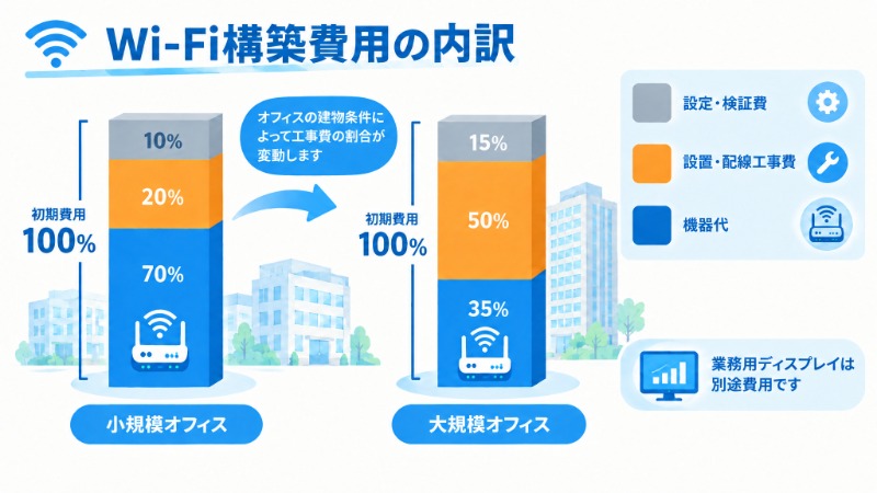 Wi-Fi構築費用の機器代・工事費・設定費の内訳を示す図
