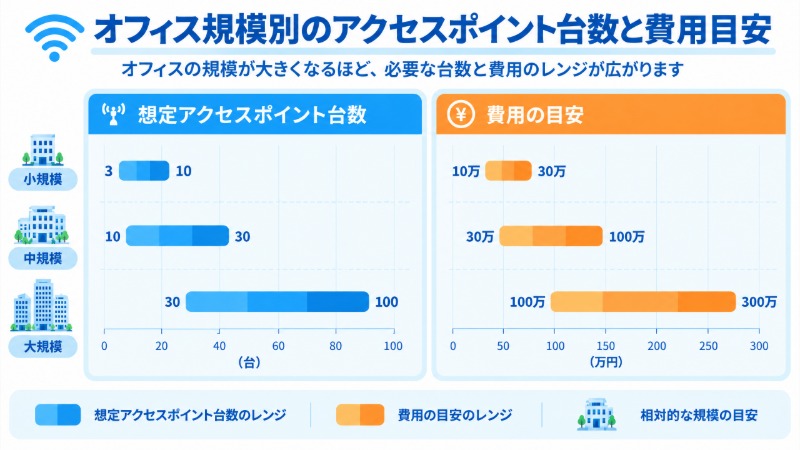 オフィス規模別のアクセスポイント台数と費用目安を比較する図