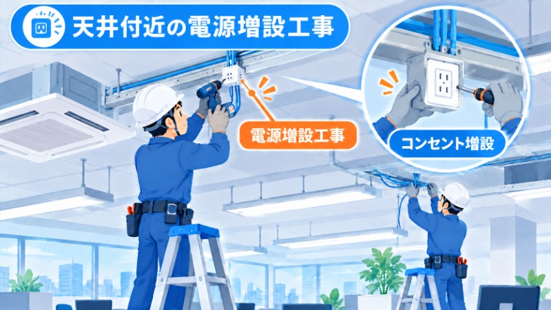 オフィスの天井付近で行われる電源増設工事の様子