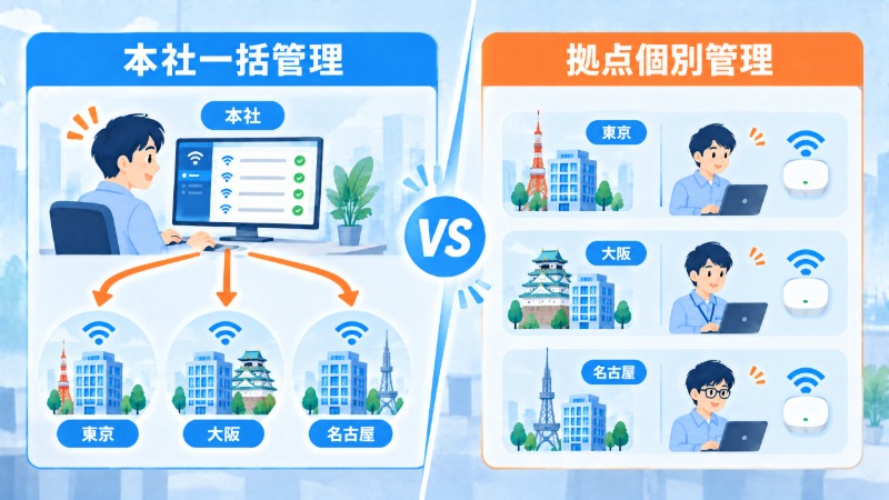 本社一括管理方式と拠点個別管理方式の違いを示す図