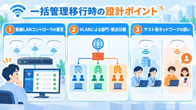 一括管理移行時に設計すべき3つのポイントを示す図