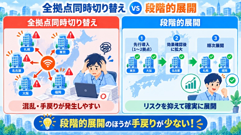 全拠点同時切り替えと段階的展開を対比した図