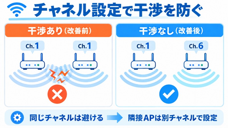 アクセスポイントのチャネル重複による電波干渉と改善後の状態を対比する図