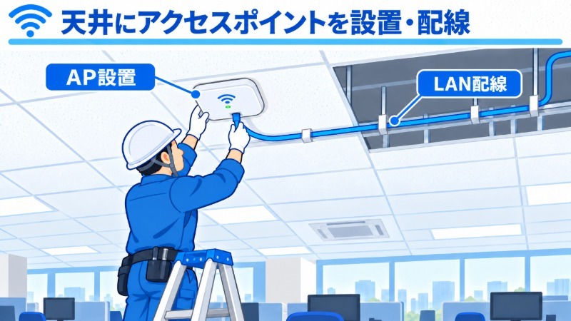 天井にアクセスポイントを設置しLANケーブルを配線する作業員