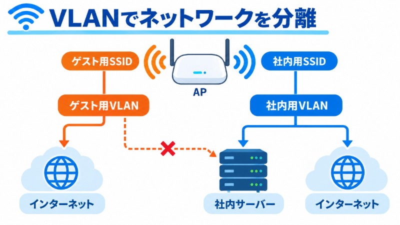 同一ネットワークで来客端末のマルウェアが社内機器に波及する経路を示す図