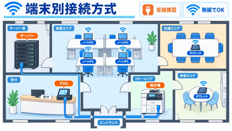 フリーアドレスオフィスでノートPCを使い無線LANに接続する社員